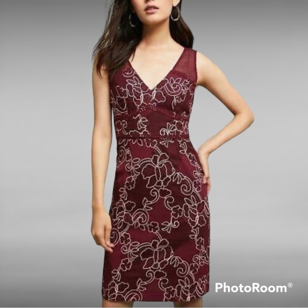 Moulinette Sours Anthropologie Ariana Elegant Lace wine red floral Column Dress